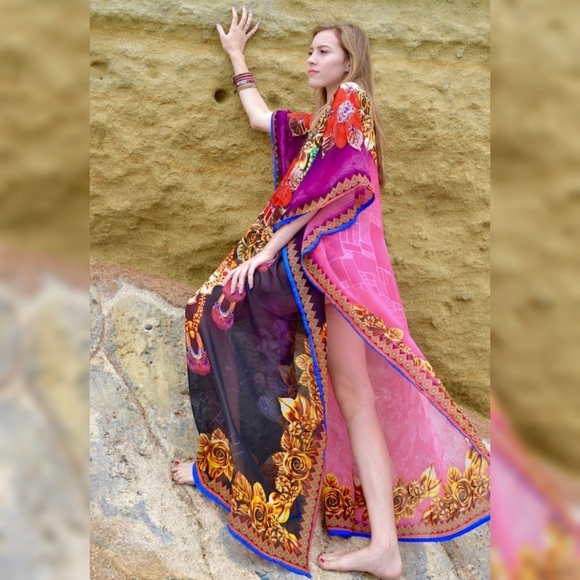 NEW FLAME & Flamingo Maroon Luv Kaftan One Size Sheer Beachy Dessert Summer - Picture 11 of 12